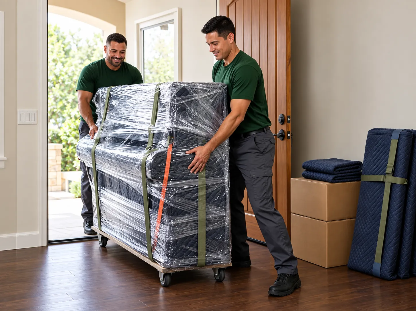 Two uniformed movers guiding a fully protected upright piano through a home's front door.